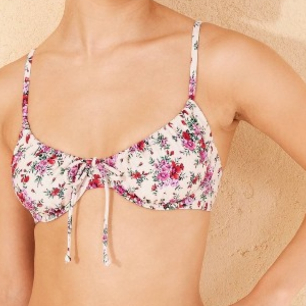 Floral Cream Red Pink Underwire Bikini Top With Front Tie